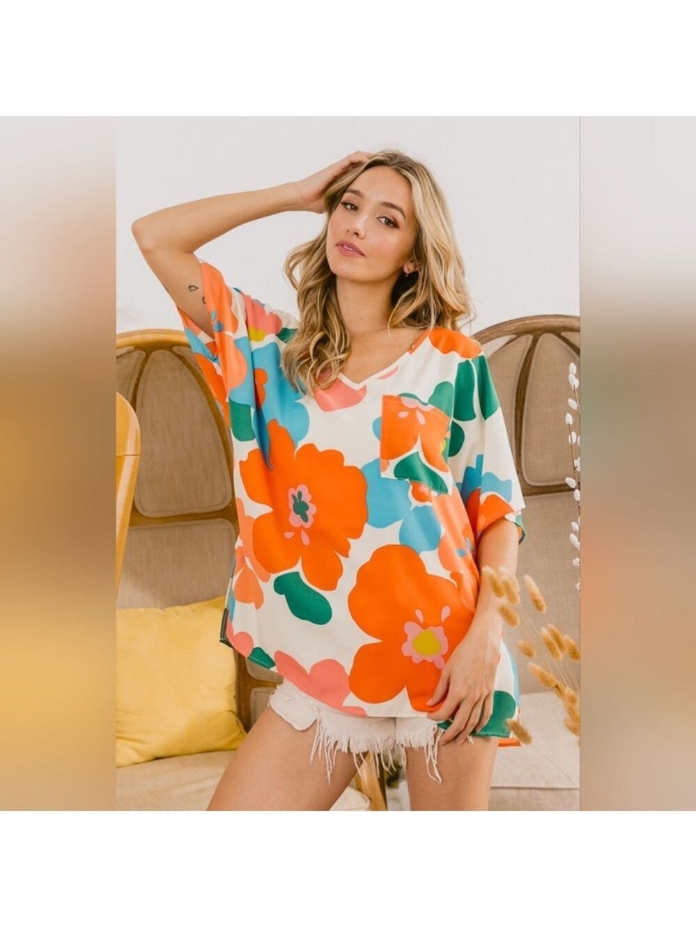 BiBi Orange, Teal & Pink Floral V-Neck Top